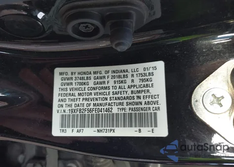 2015 Honda Civic Lx из США, поврежденный, VIN 19XFB2F56FE041462